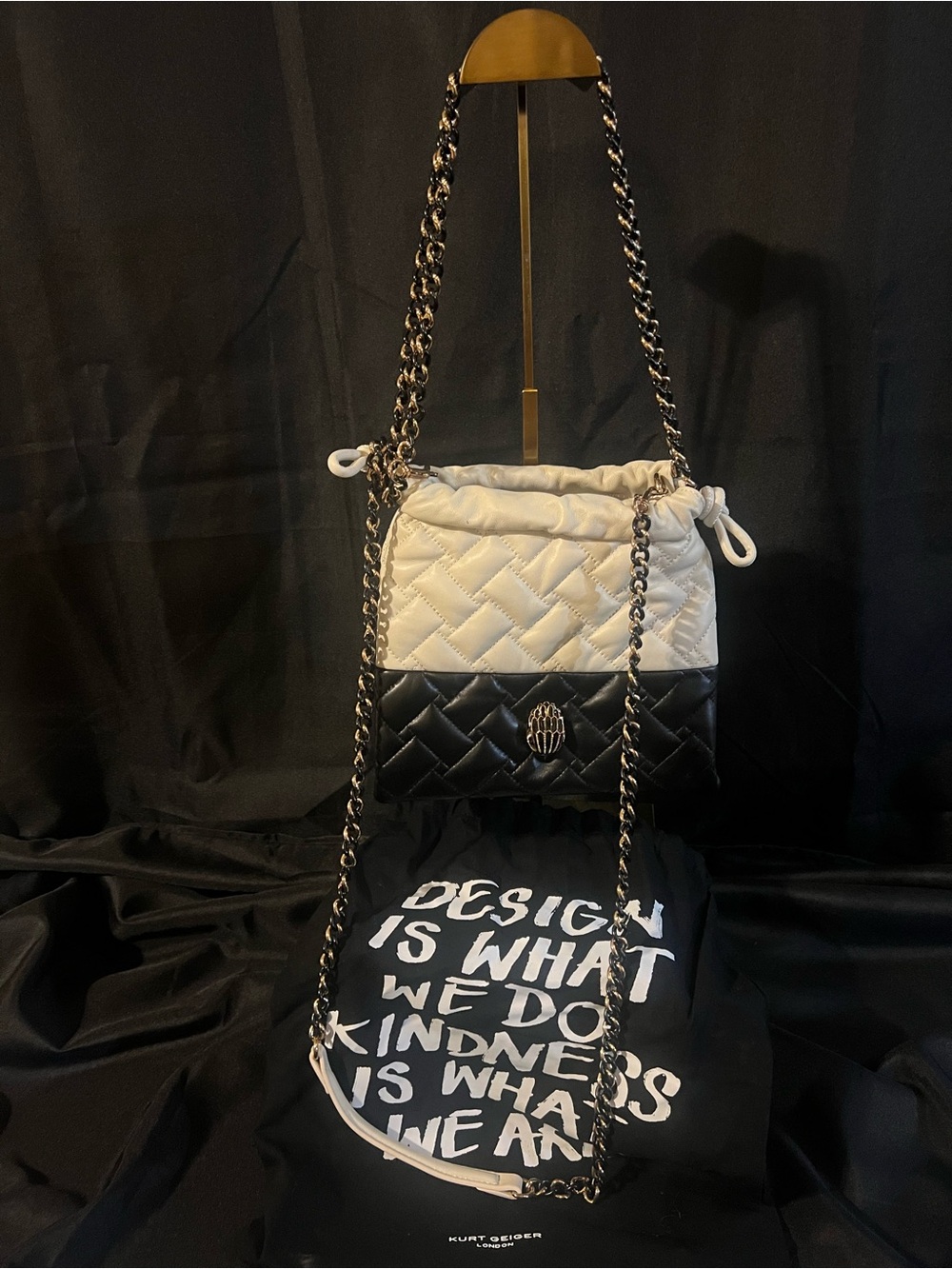 Kurt Geiger Kensington Two-Tone Quilted Shoulder Bag in White & Black - Picture 14 of 16
